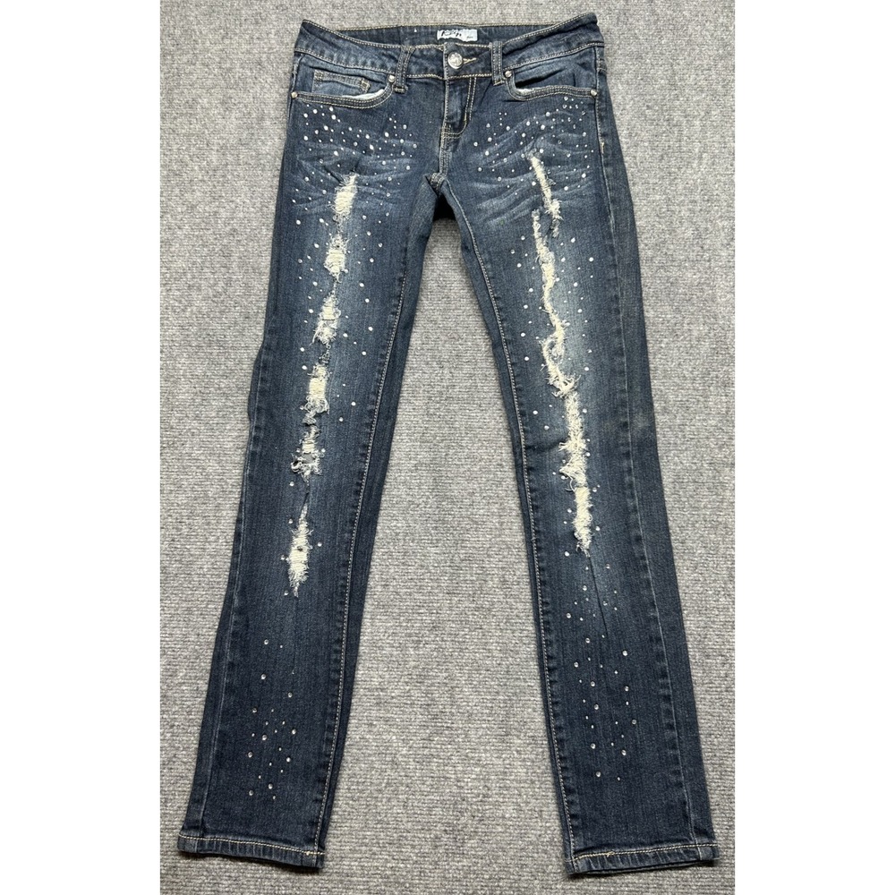 Klip Jeans Womens 5 Distressed Skinny Crystal Studded Denim Bling Rhinestone